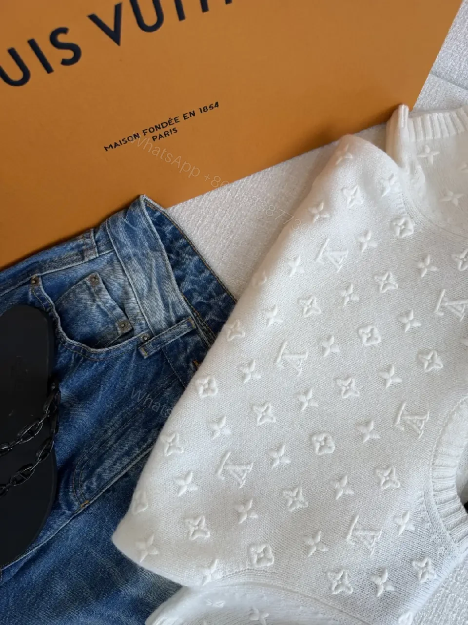 View 6 of White Knit Sweater Baggy Monogram Star Pattern Crew Neck Knitwear