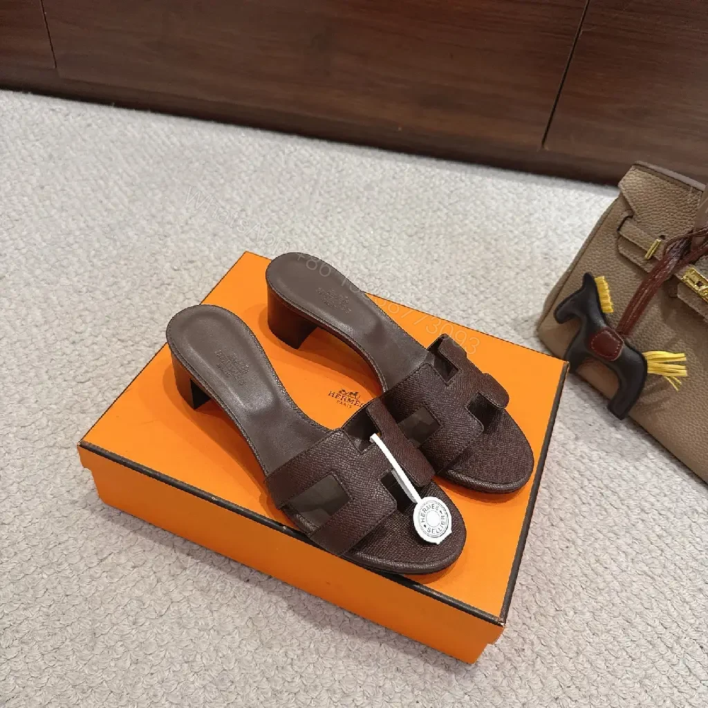 View 4 of Brown Leather H-Style Sandals - Hermes-Inspired Slide Sandals