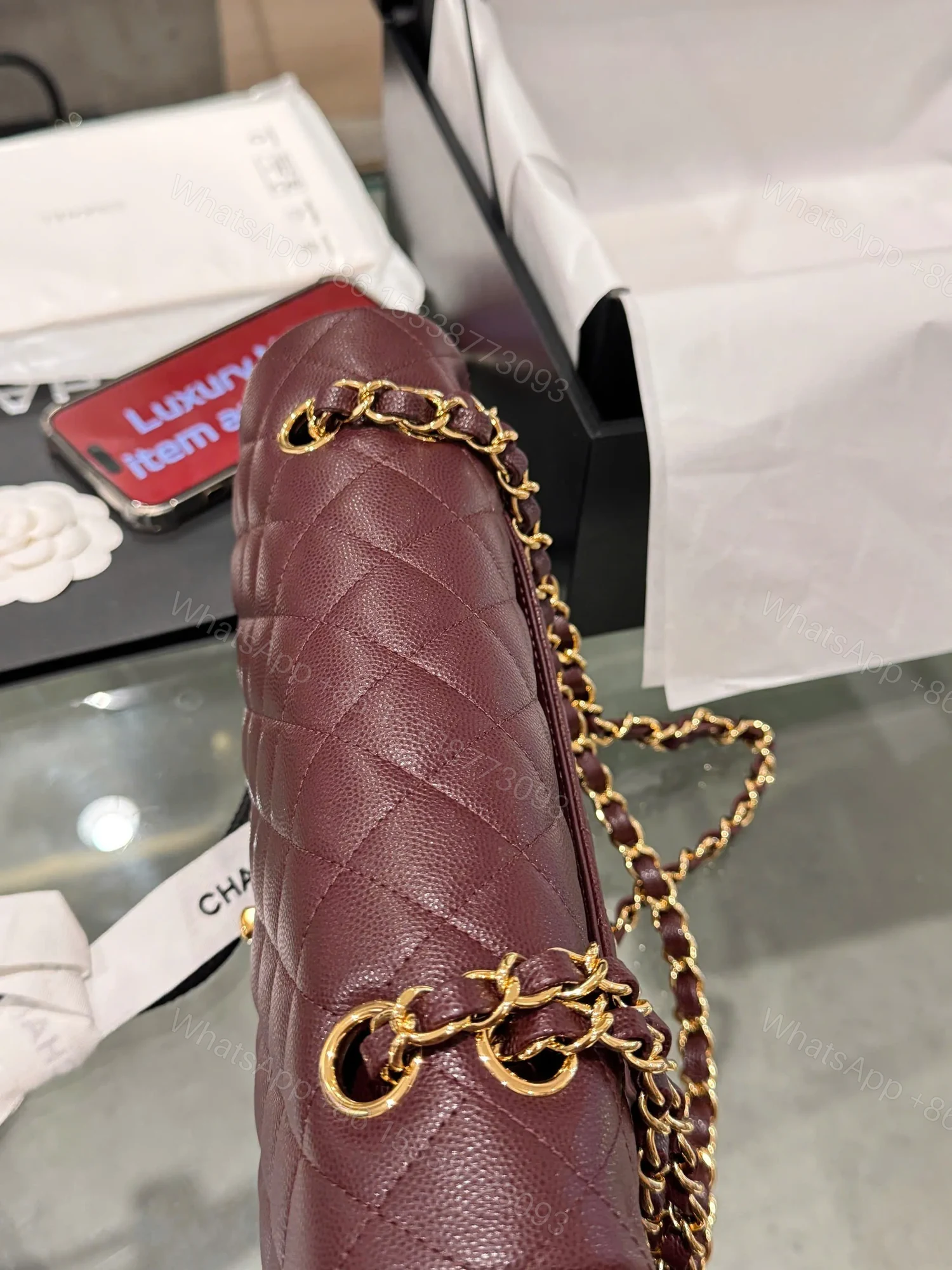 View 6 of Chanel Classic Plum Red Color Like Auth Handbags With Lock Gold 25cm