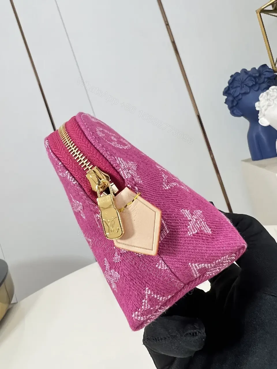 View 7 of Bold Pink Monogram Cosmetic Pouch with Gold Hardware