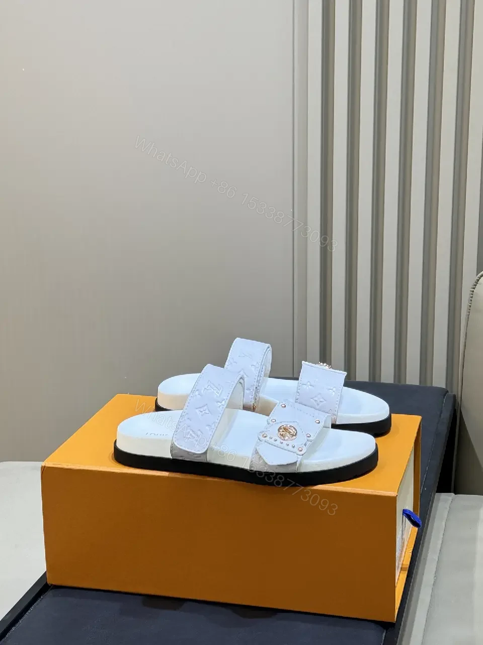 View 6 of White Leather Sandals Velcro Straps Minimalist Louis Vuitton Monogram Sandals