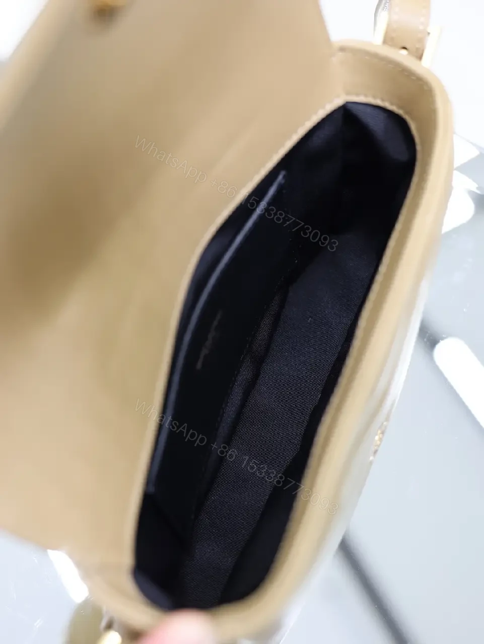 View 6 of Beige Leather Crossbody Bag Flap Chevron Stitching