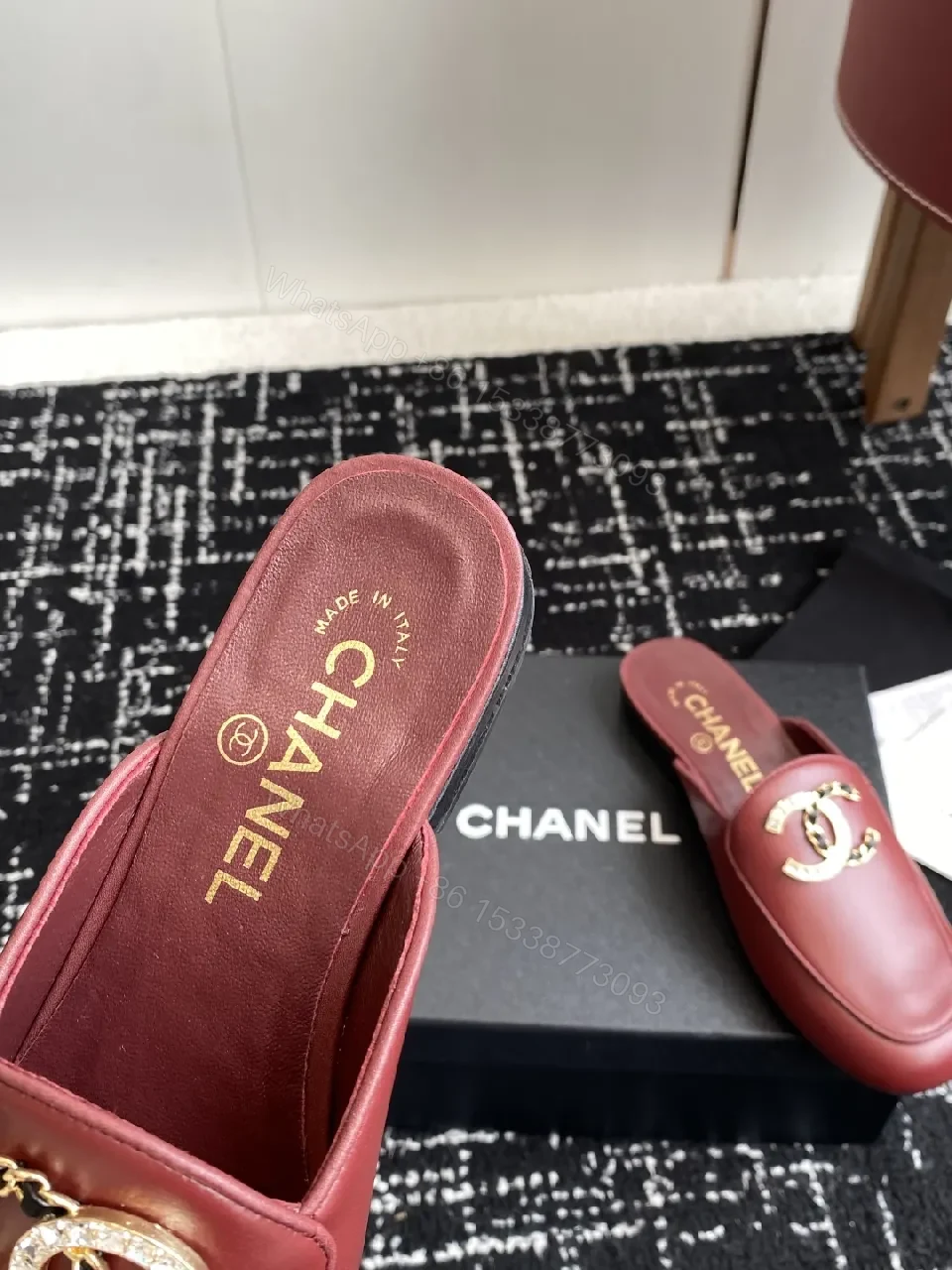 View 8 of Red Leather Mule, Gold Chain, Slip-On Chic, All-Day Comfort, Mule
