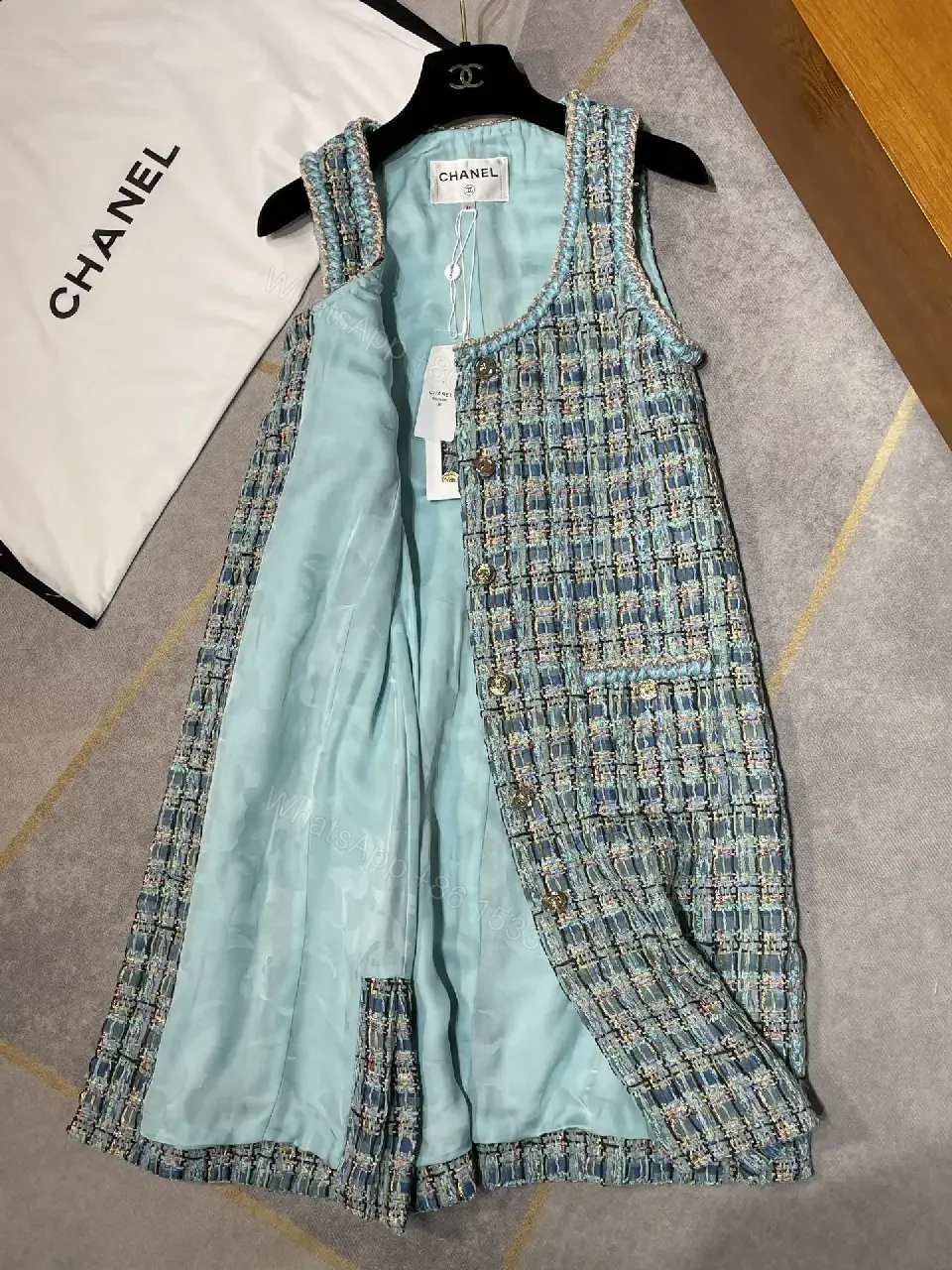 View 3 of Tweed Sleeveless Dress: Textured Button Front, Chic A-Line