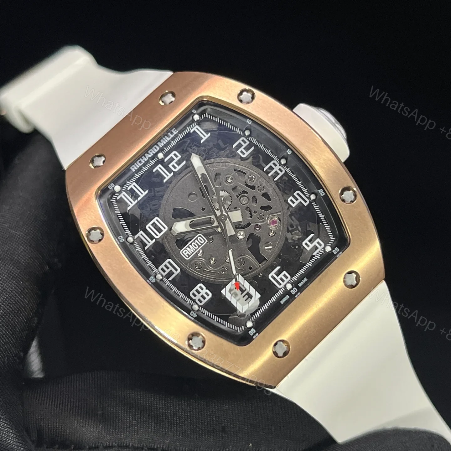 View 3 of Richard Mille RM010 Titanium Skeleton Automatic Gold Bezel White Strap Watch RM010-GW