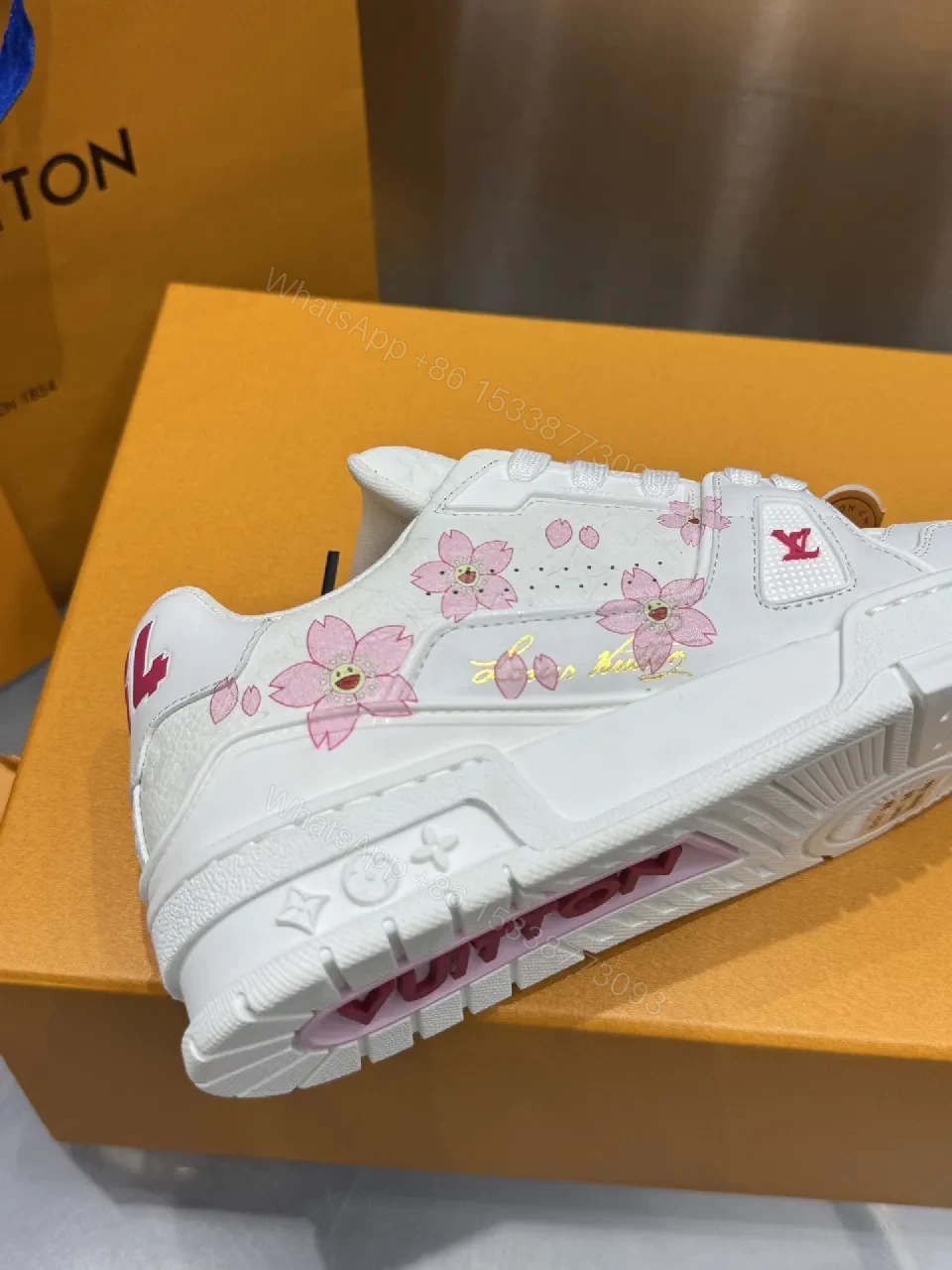 View 5 of White Leather Low-Top Trainer with Pink Embroidery Detail
