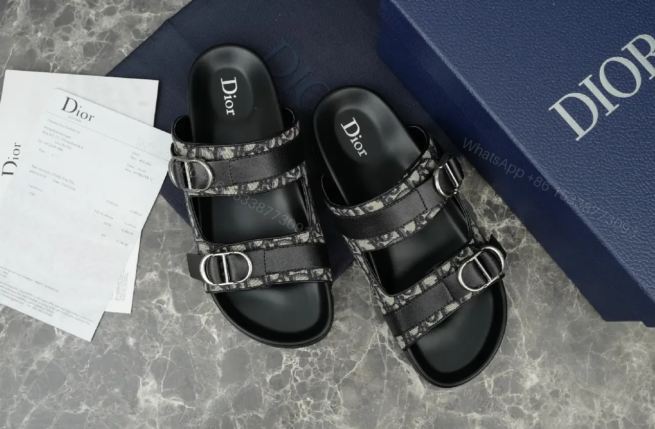 View 5 of Black Denim Leather Buckle Sandals Product Type: Dior Style