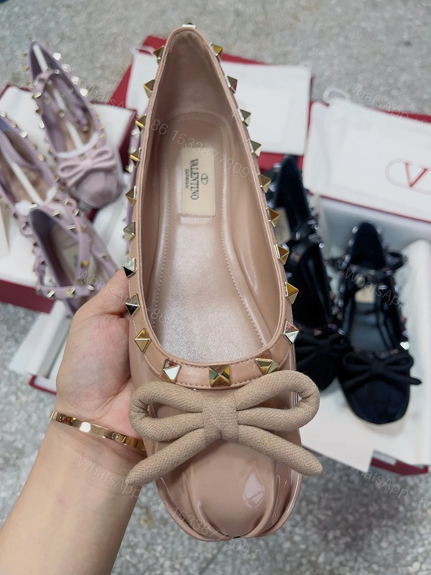 View 3 of Valentino Women Nude Patent Leather Studded Flats