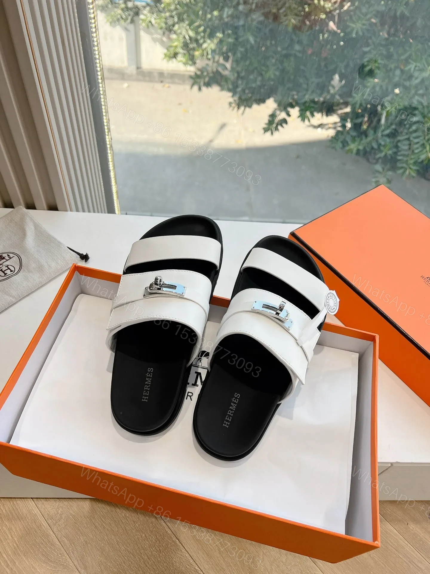 View 3 of Hermes Women White Leather Straps Flat Sandals