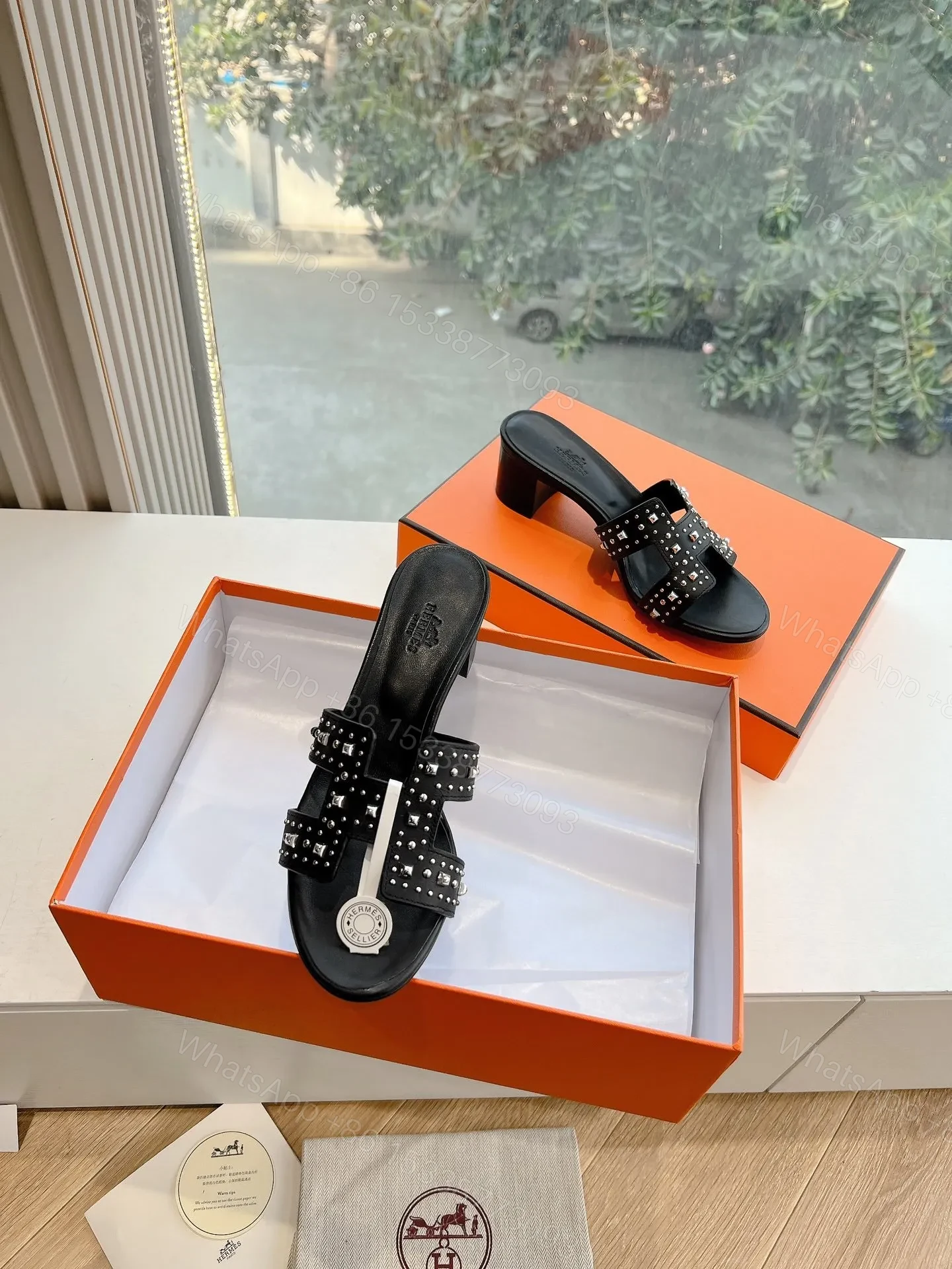 View 4 of Hermes Women Black Leather Studded Mules