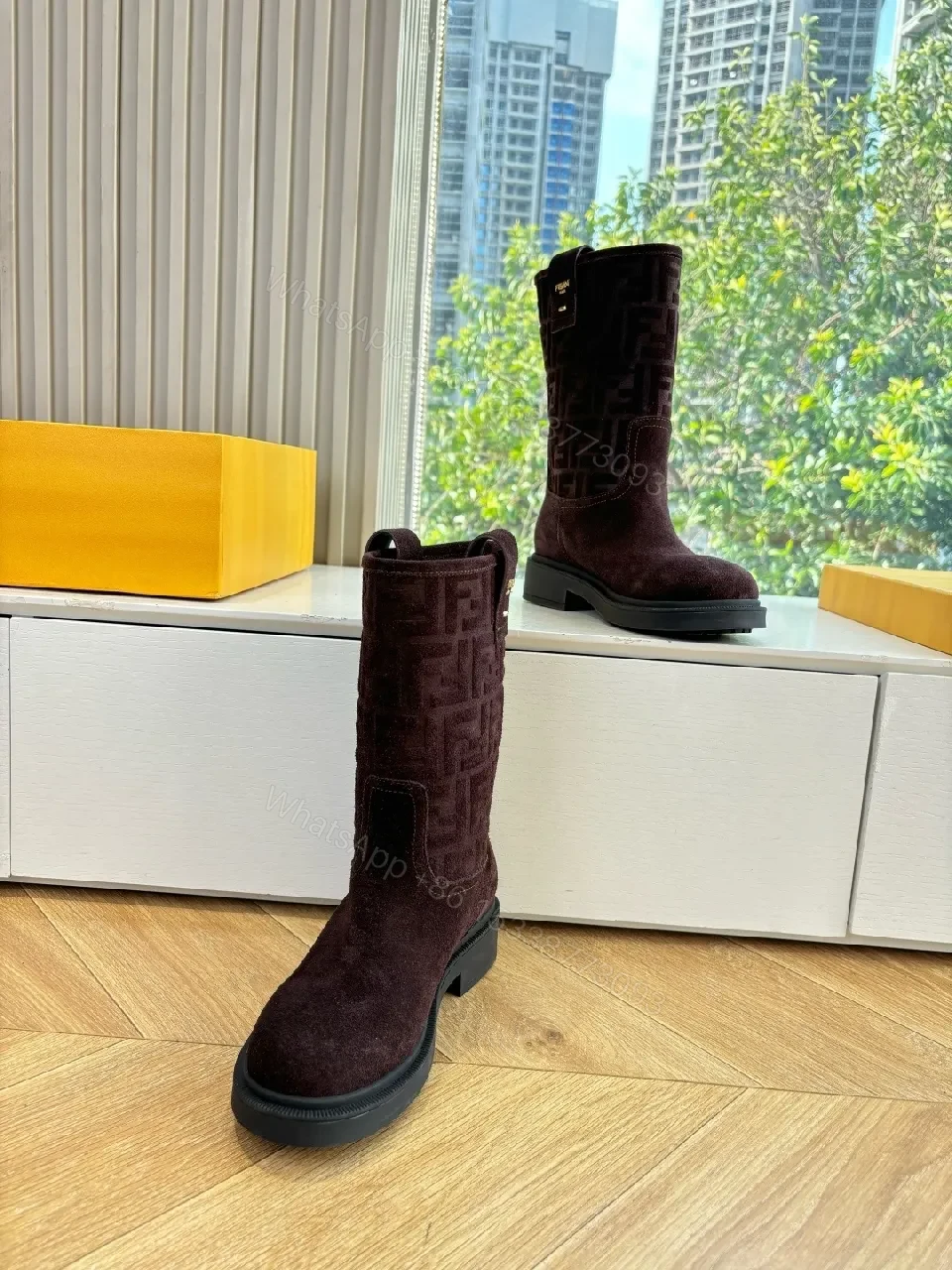 View 4 of Dark Velvet-Texture Boots with Monogram Detail: Suede, Mid-Calf, All-Season Luxe Shoes