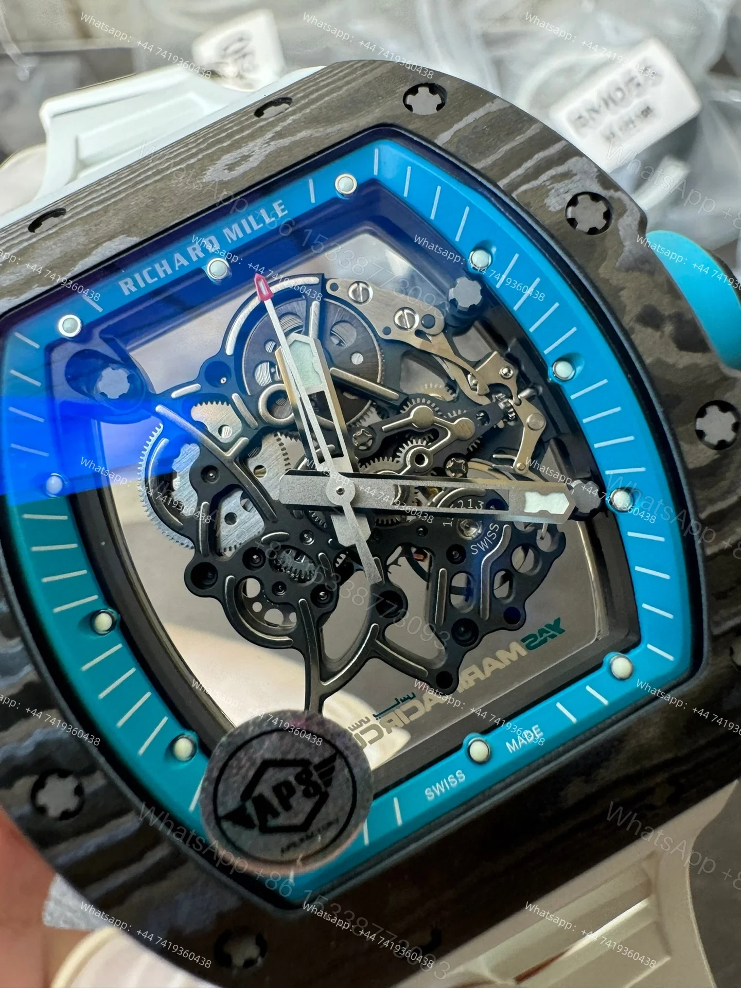 View 3 of Super Clone Richard Mille RM 055 Carbon TPT Blue Inner Bezel White Rubber Strap 1:1 Replica Watch
