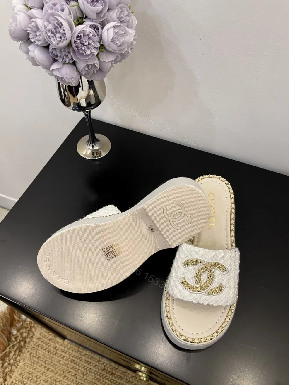 View 7 of White Textured Slide Sandals with Gold Logo, Open-Toe Mule Product