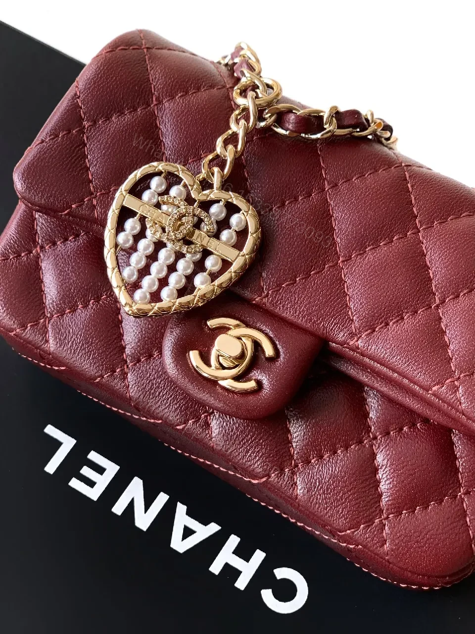 View 9 of Burgundy Quilted Leather Wallet-On-Chain Bag