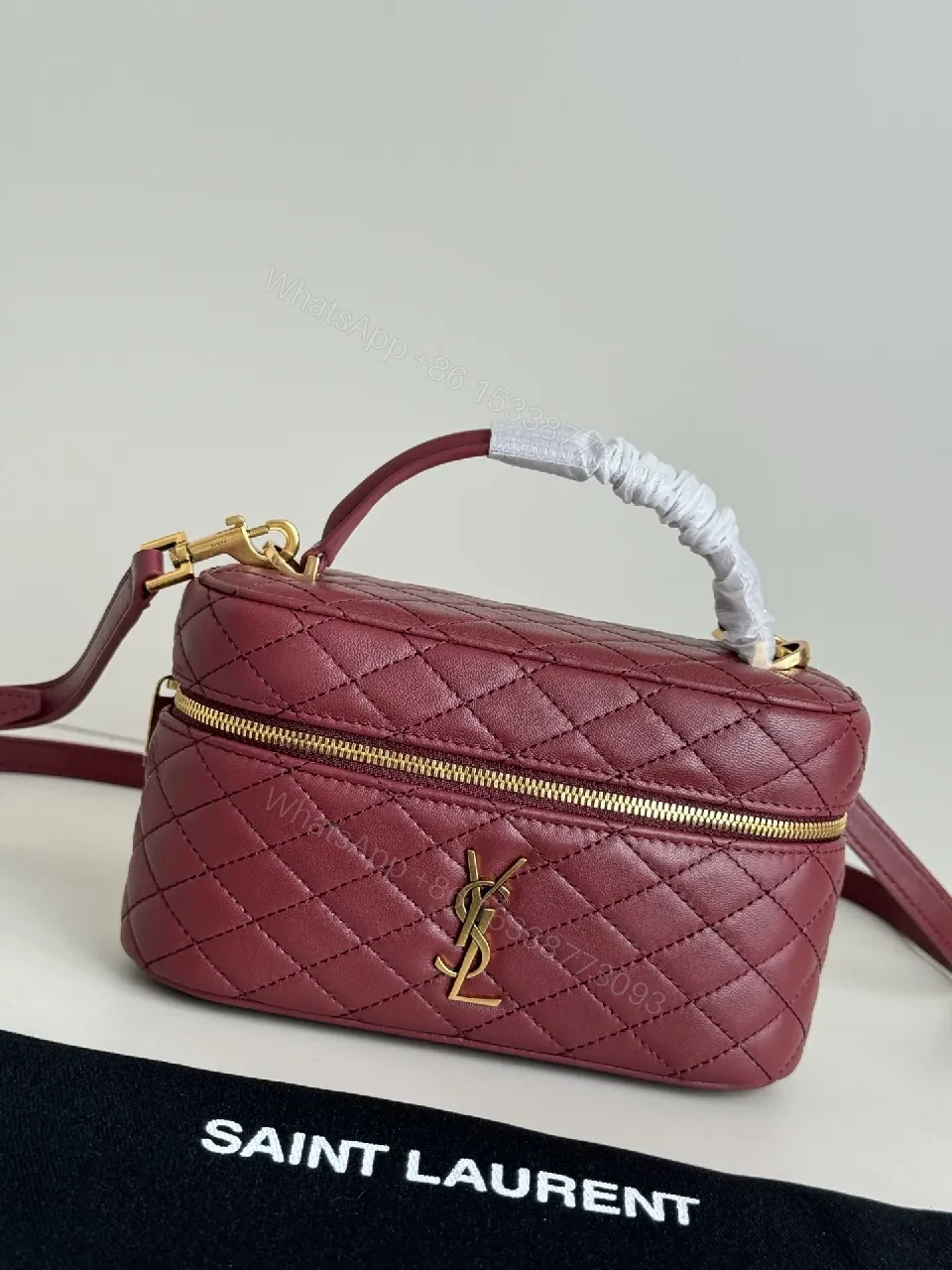 Burgundy Quilted Leather Bag with Gold Hardware, Compact Style — view 1