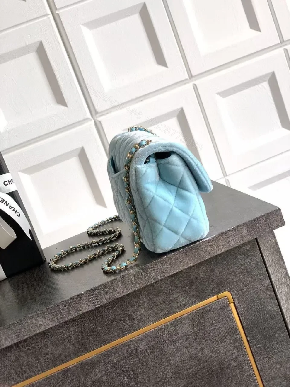 View 2 of Pastel Blue Quilted Box Bag with Chain Strap - Luxe Elevation
