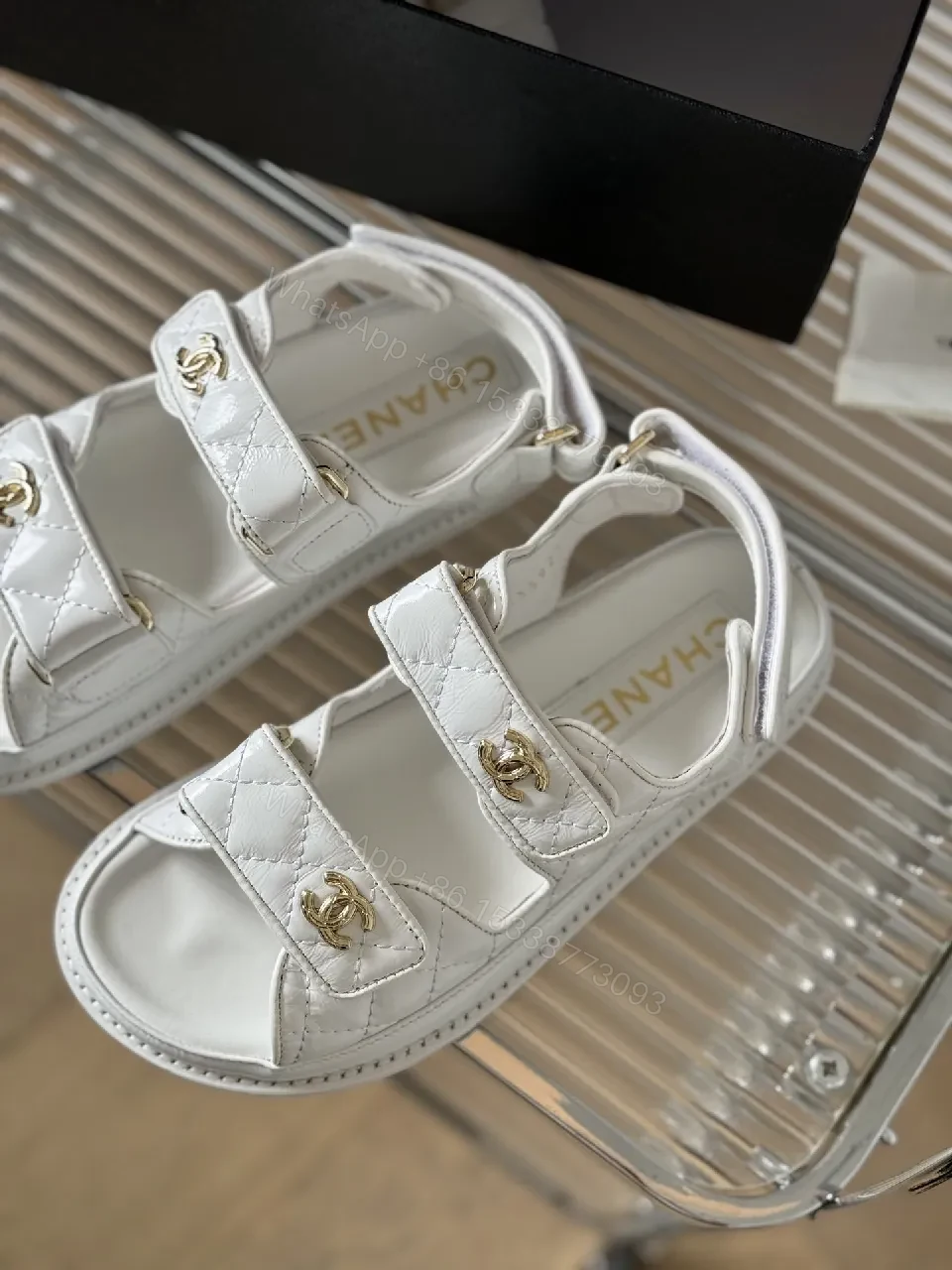 View 2 of White Leather Sandals with Gold Hardware, Quilted Strap Comfort