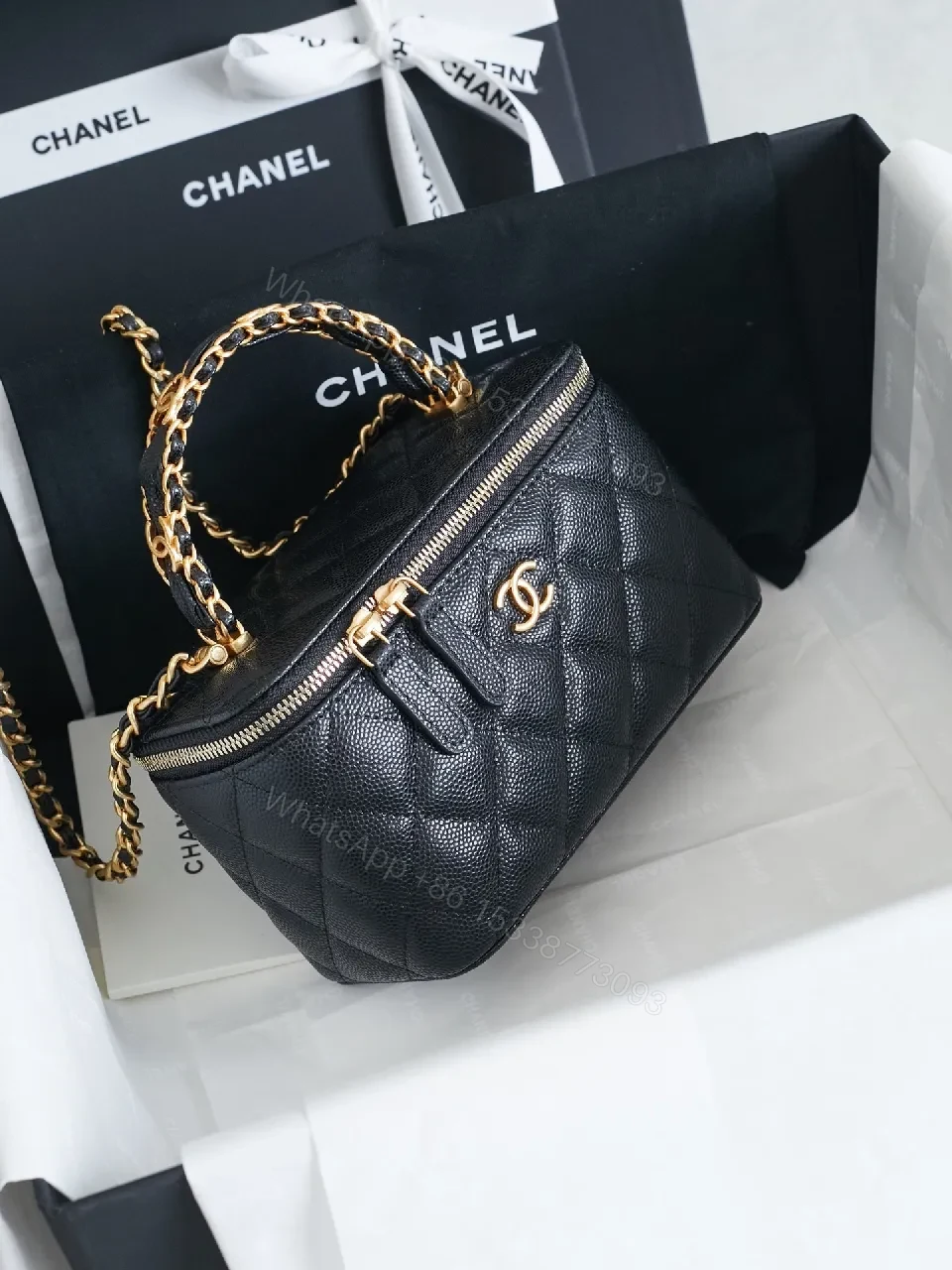 View 3 of Quilted Black Leather Mini Bag: Gold Chain, Iconic CC