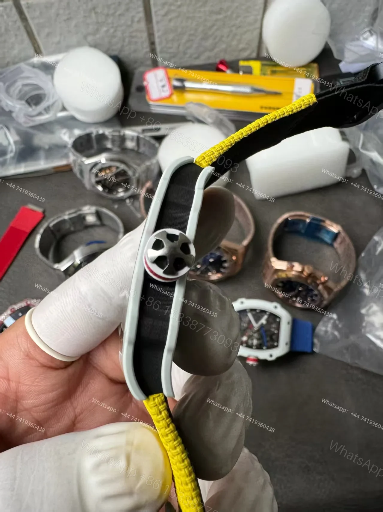 View 9 of Super Clone Richard Mille RM67-02 White Ceramic Skeleton Tourbillon 1:1 Replica Watch with Yellow Strap