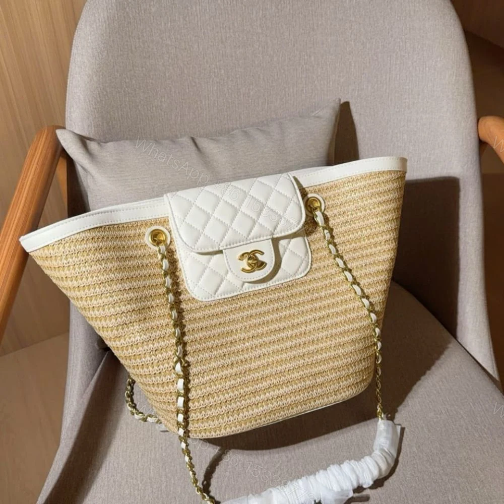 View 2 of Chanel Small Shopping Bag Braided Straw Beige White 25Cm