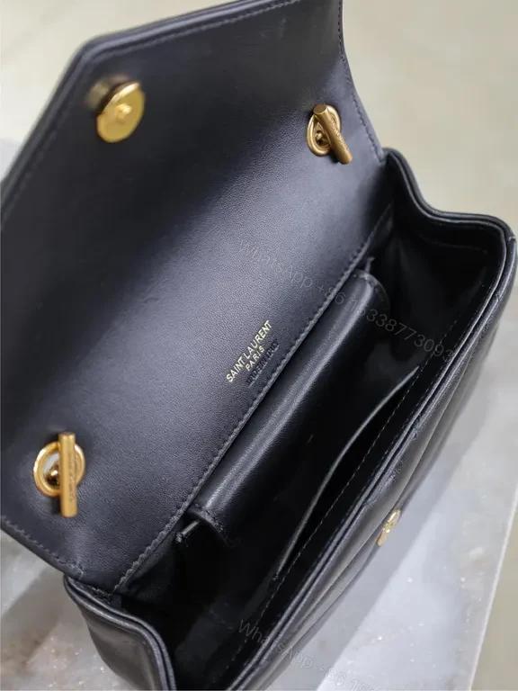 View 3 of Black Leather Envelope Bag with Gold YSL Logo, Structured Style