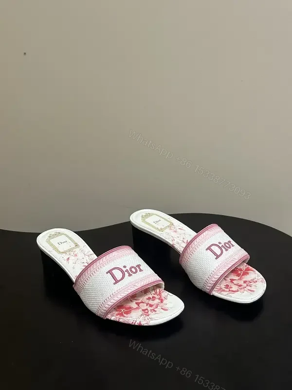 pink and white monogram-patterned slide sandals with block heel for everyday luxury — view 1