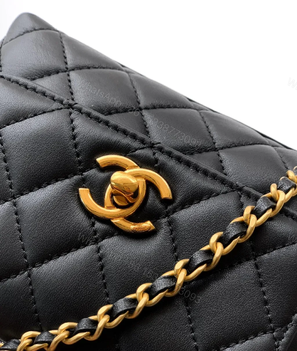 View 4 of Chic Quilted Black Leather Bag with Gold Chain