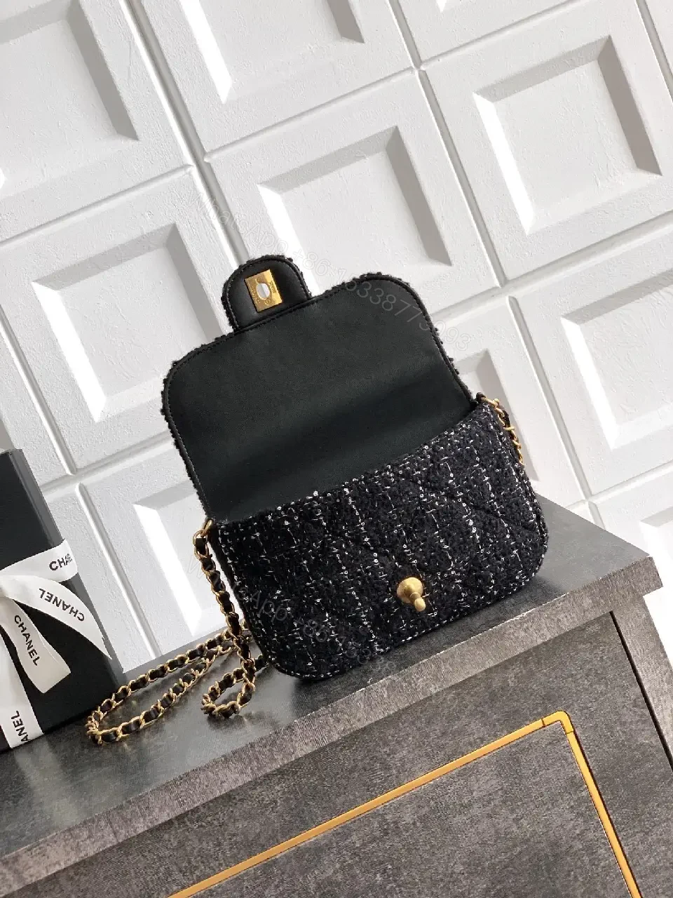 View 2 of Tweed Handbag: Compact Luxury with Gold Logo Clasp