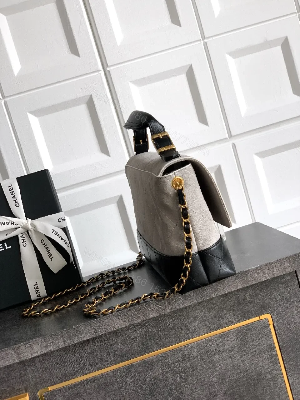 View 8 of Two-Tone Quilted Flap Bag: Gold Hardware Luxury Handbag
