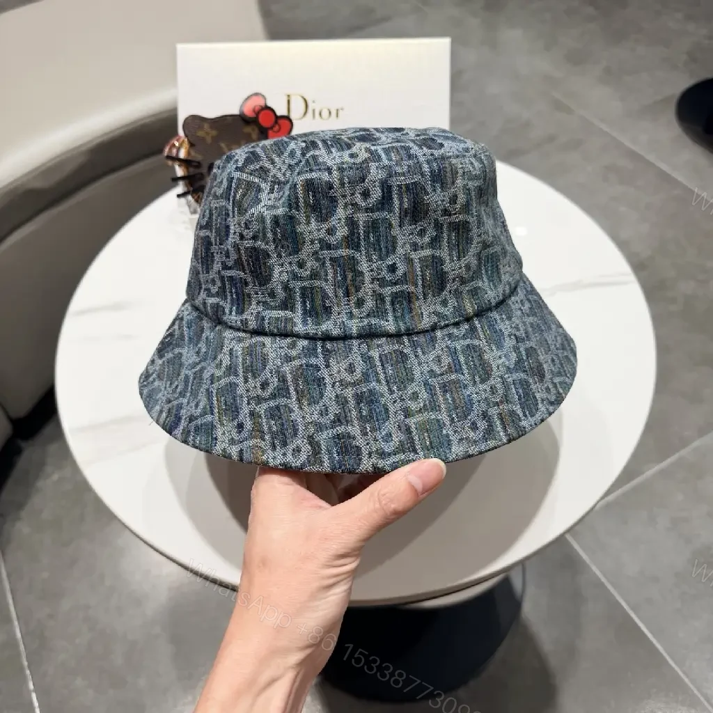 View 6 of Denim-Texture Bucket Hat with Monogram Detail, Luxury Everyday