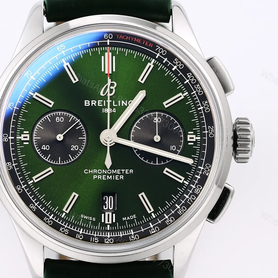 View 6 of JF Factory Breitling Premier B01 Chronograph Watch – Green Dial, 42mm Stainless Steel Case, Leather Strap