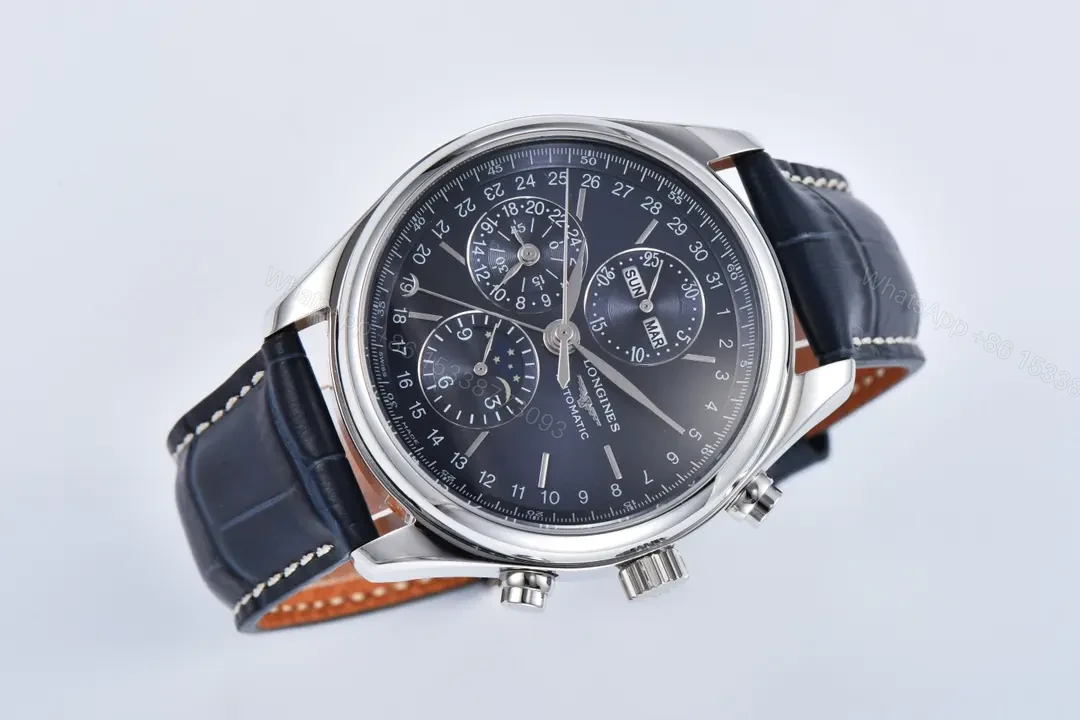 View 2 of Longines Master Collection Moonphase Chronograph Watch 42mm Blue Dial Stainless Steel Case Leather Strap