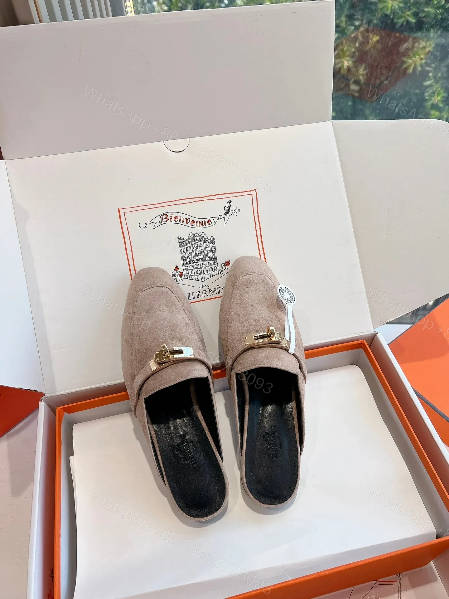 View 4 of Hermes Women Beige Suede Mules