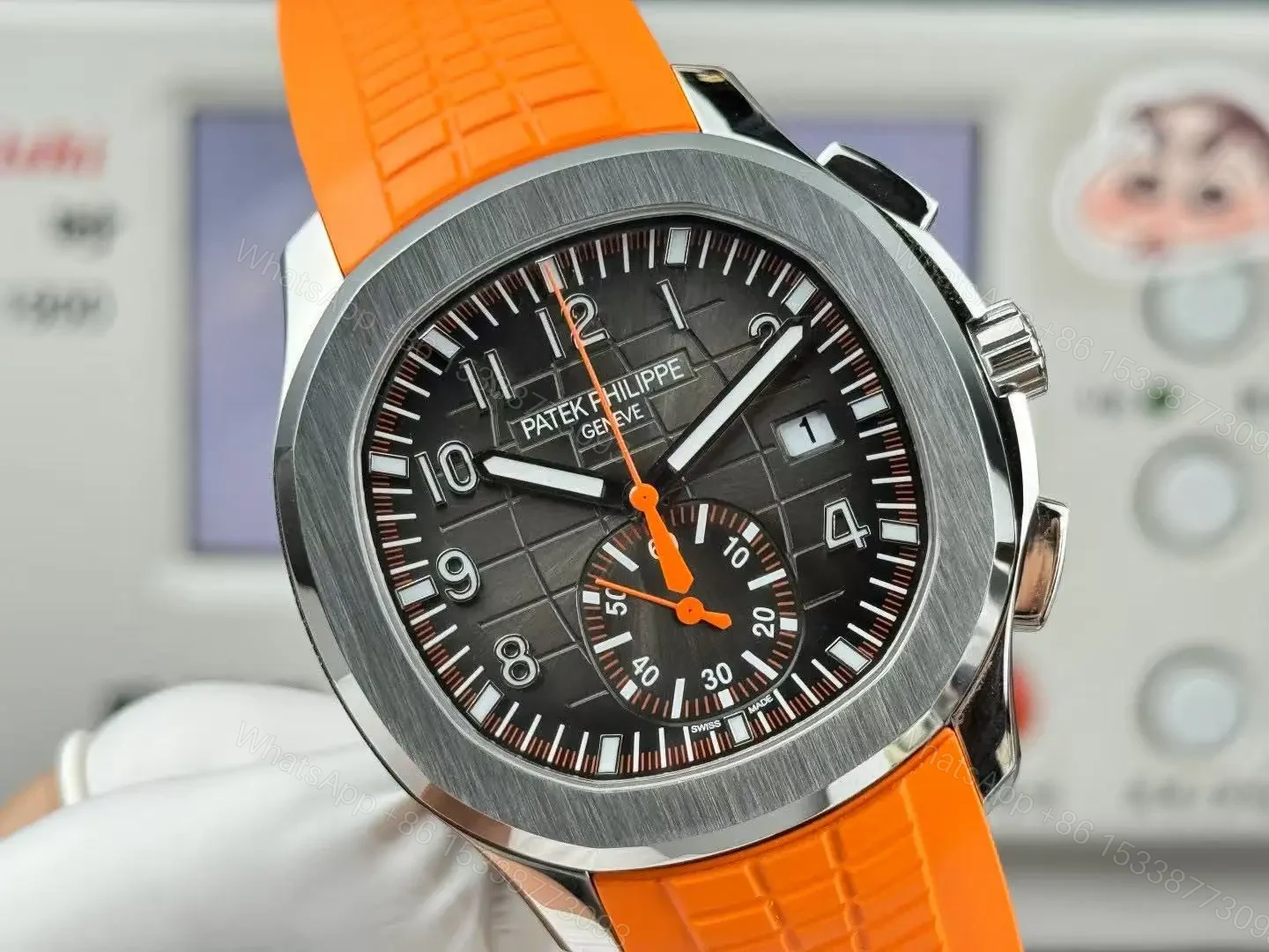 View 4 of Patek Philippe super clone Aquanaut Black Dial Orange Rubber Strap Premium 42MM PATEK-AQUA42-BLK-ORG