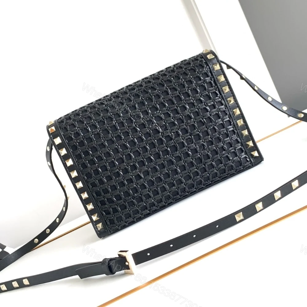View 5 of VALENTINO GARAVANI ROCKSTUD SMALL RAFFIA SHOULDER BAG BLACK 22CM