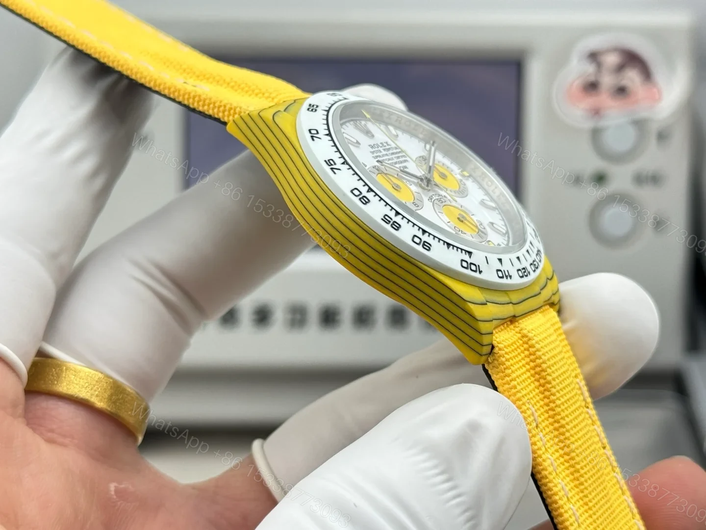 View 6 of Rolex Daytona Yellow Carbon Fiber Replica 40MM Premium White Dial Yellow Fabric Strap RG-DAYTONA-YELLOW-CF-40