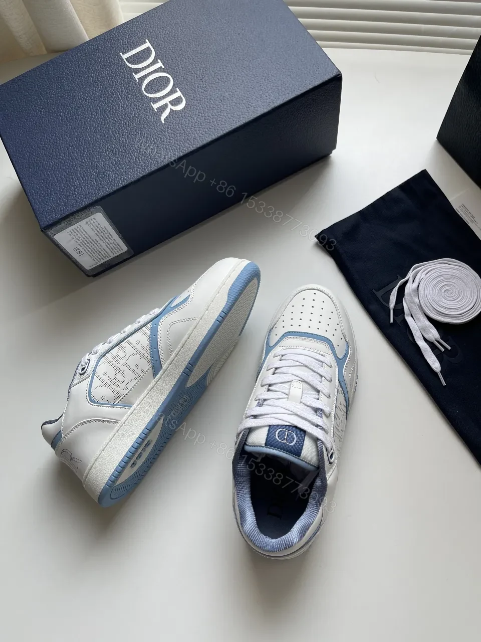 View 9 of White & Ice Blue Leather Sneakers: Subtle Luxury Trainer