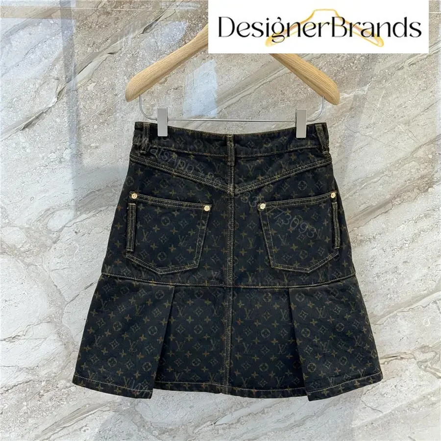View 6 of Monogram-Denim A-Line Skirt with Visible Hardware