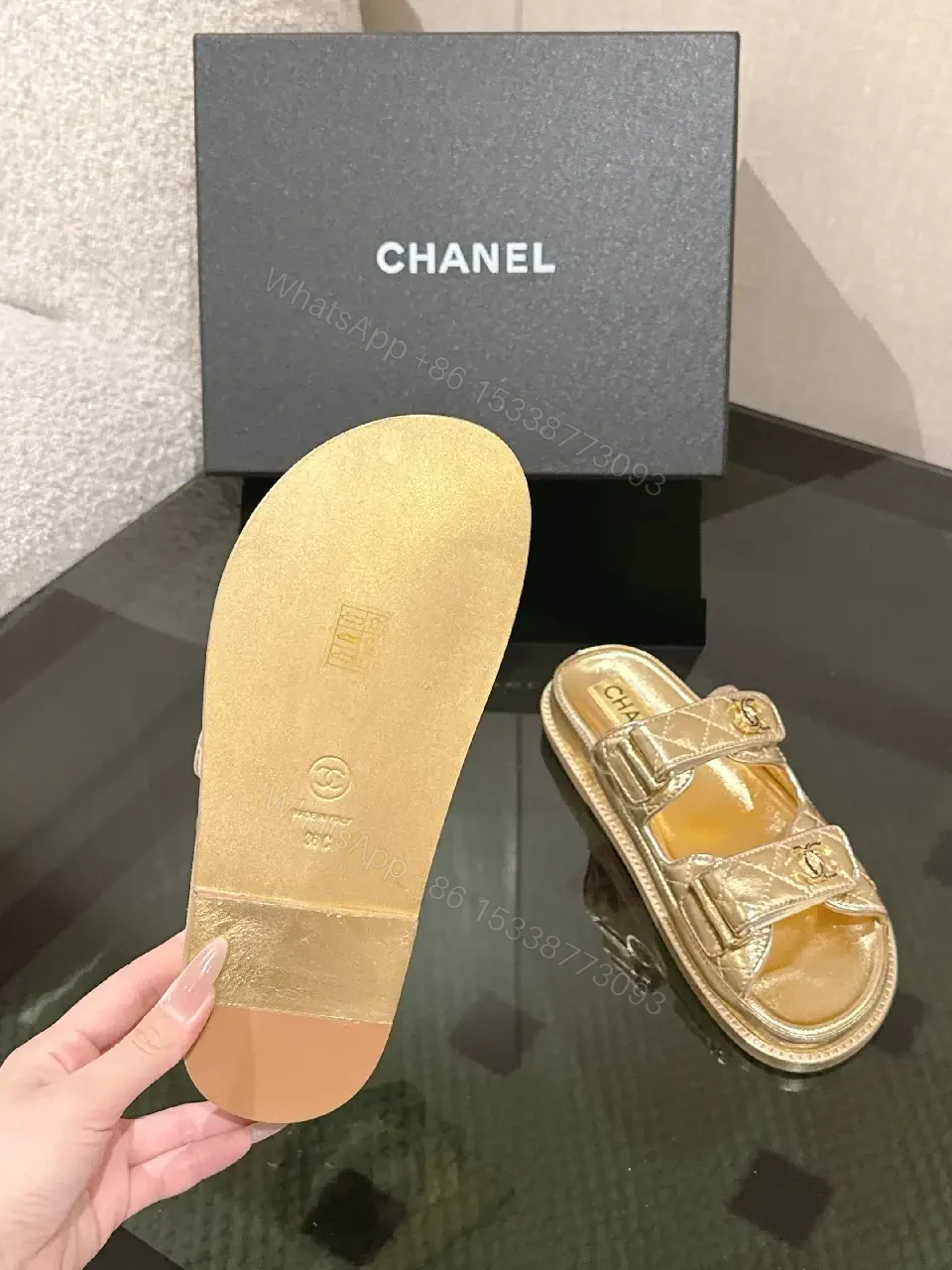 View 2 of Gold-Tone Leather Slides with Double Straps, Luxury Everyday Comfort
