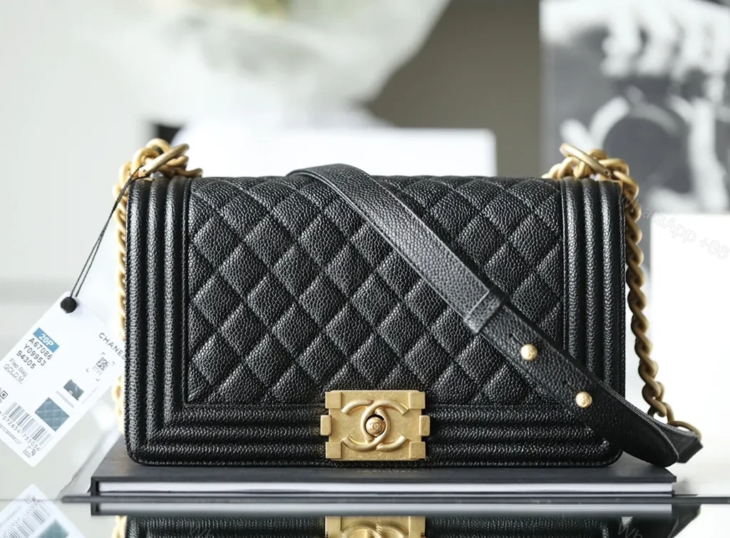 View 9 of Chanel-Style Quilted Leather Crossbody, Black & Gold Hardware