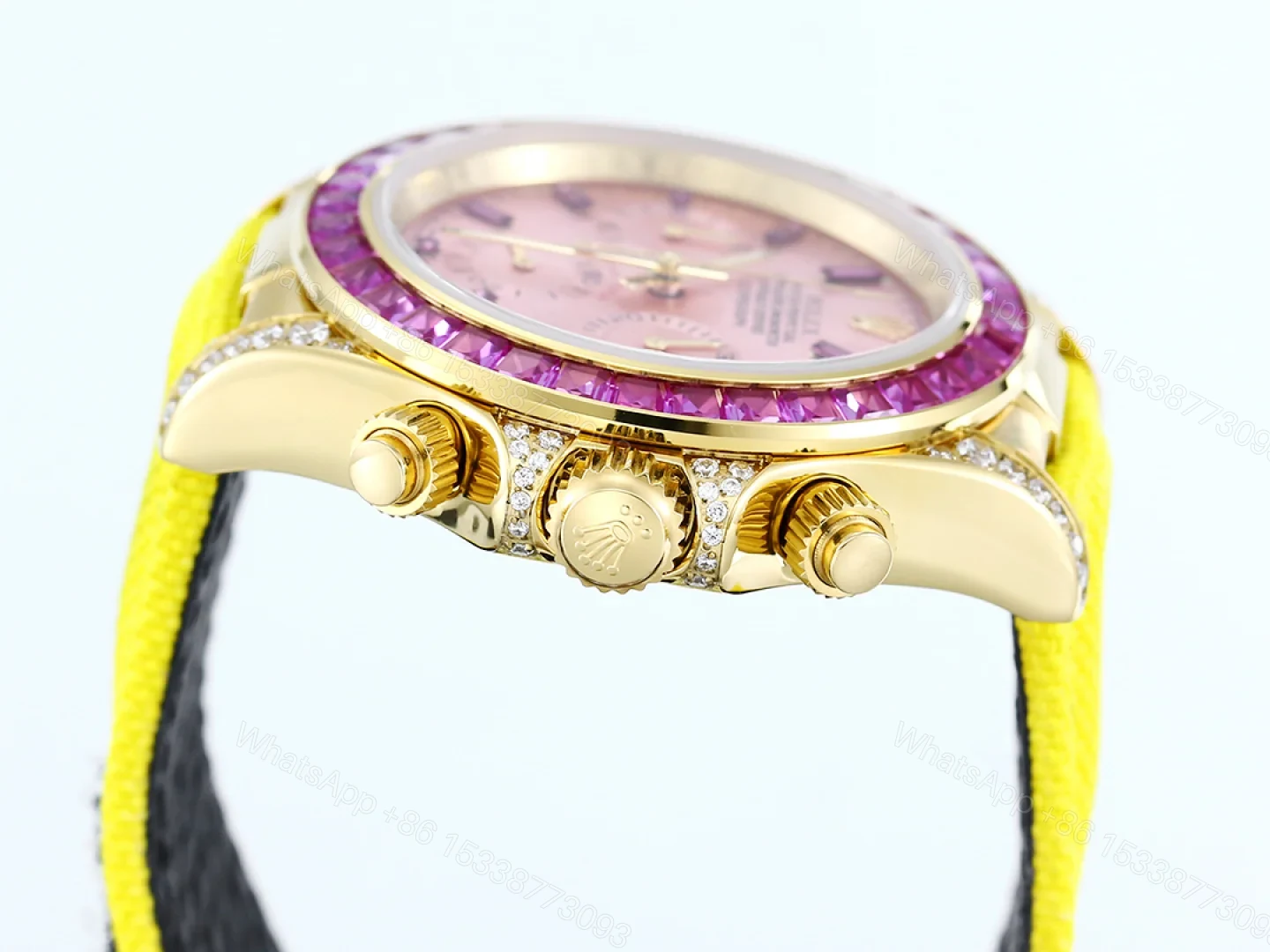 View 6 of Rolex Daytona Pink Ruby Yellow Strap Replica 43MM Exclusive Gold Case Edition RG-ROLEX-DAYTONA-PINK-RUBY-YELLOW-43