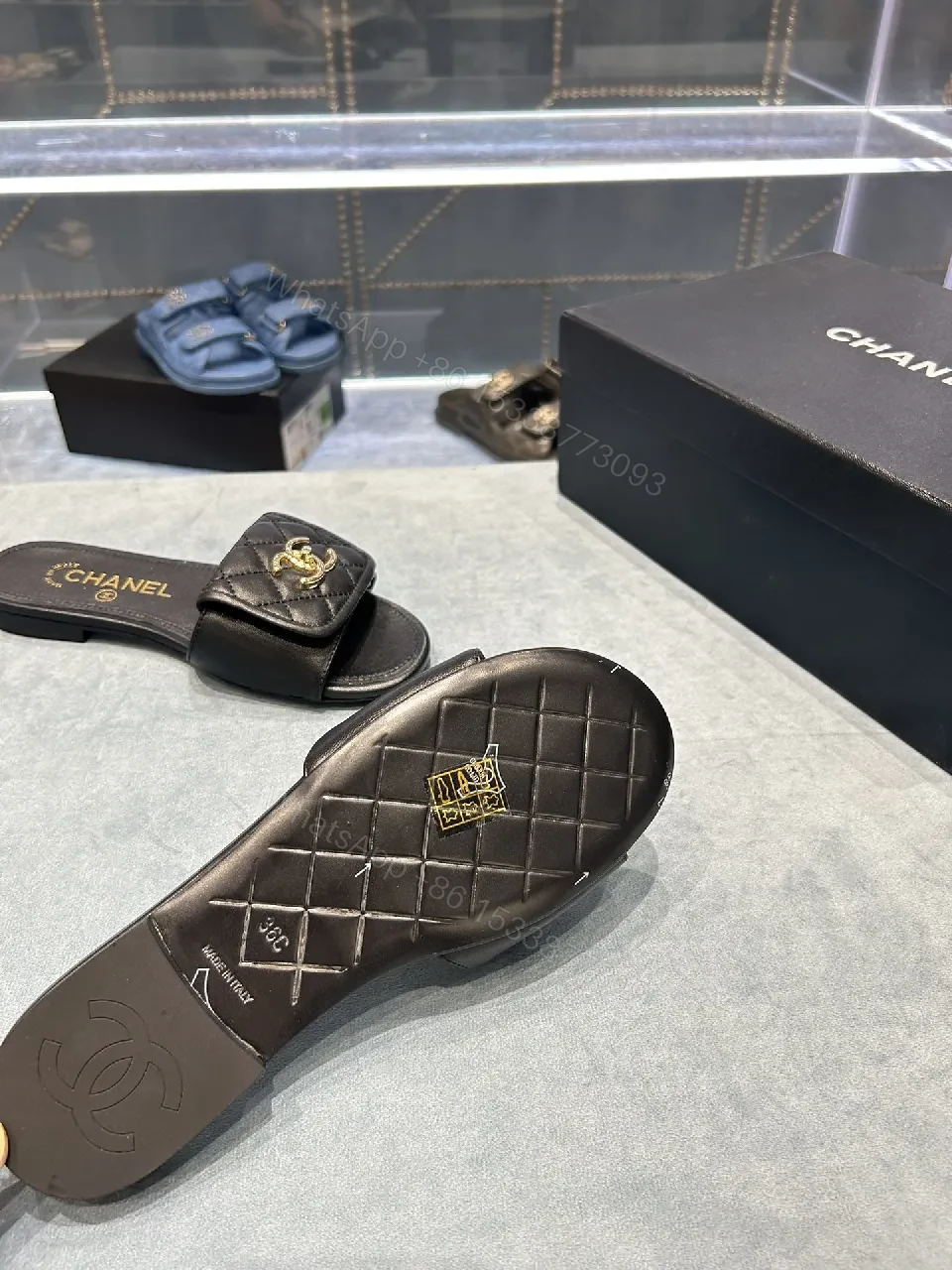 View 5 of Quilted Leather Slides - Luxury Comfort, Gold Logo Detail