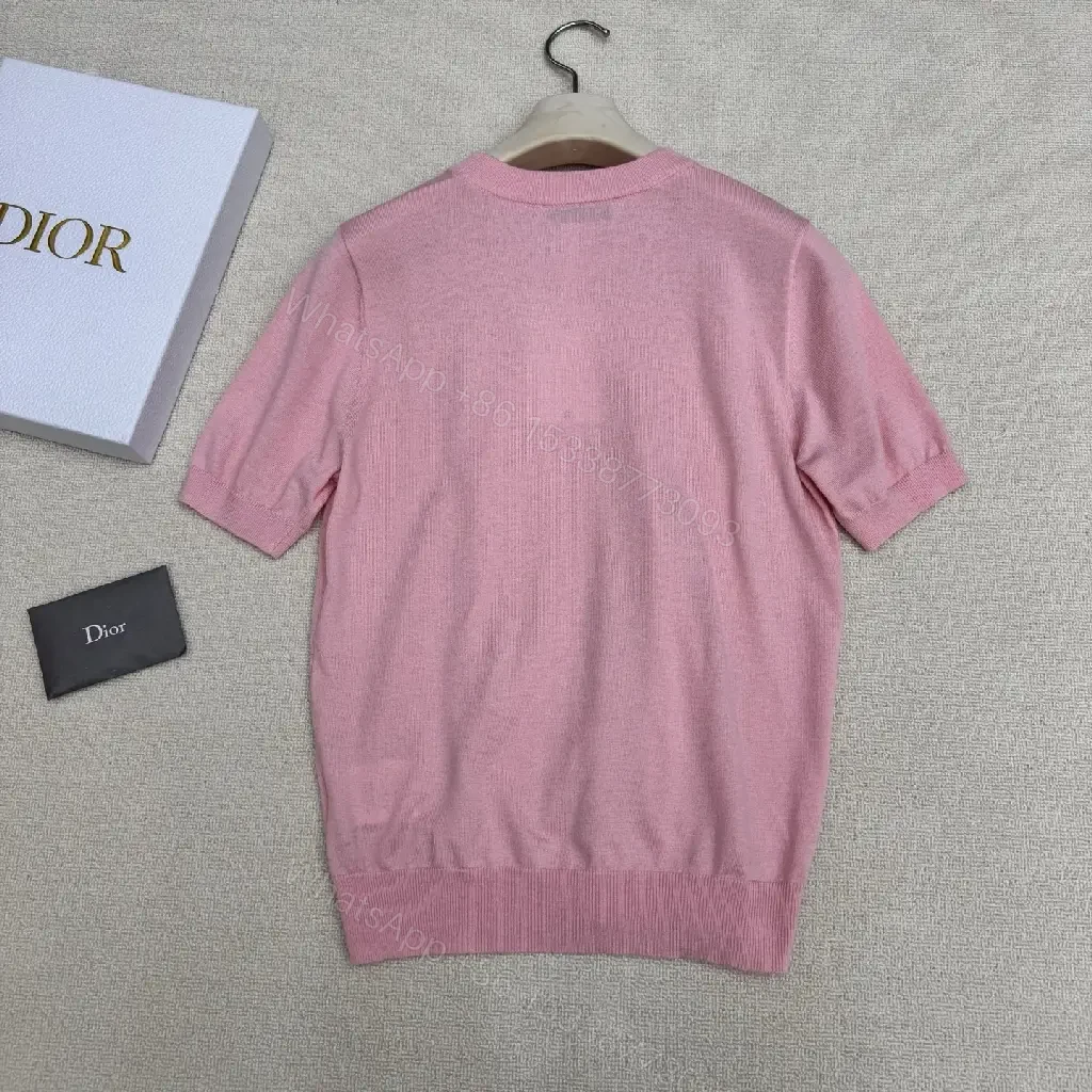 View 10 of Pink Cotton Knit Short Sleeve Dior Style with Logo Key Feature Tee