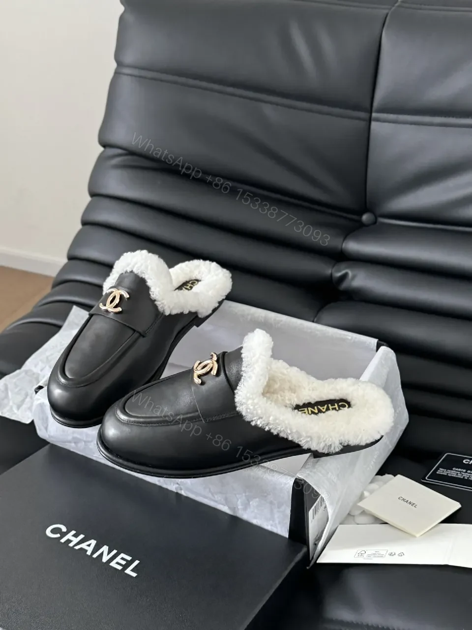 View 9 of Chic Black Leather Mules with Plush Shearling Lining