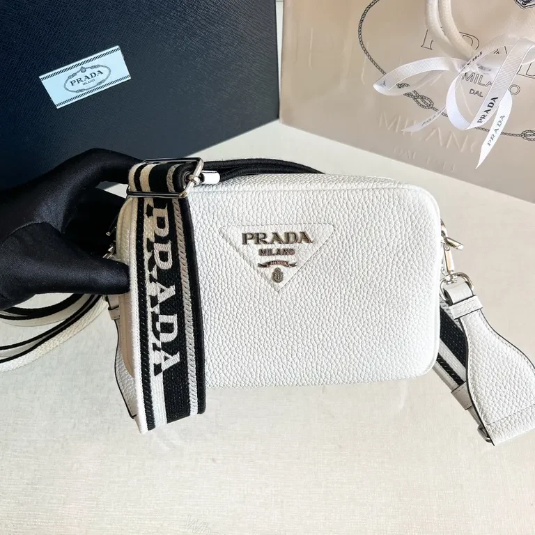 White Leather Rectangular Crossbody with Bold Prada-Style Logo Strap — view 1