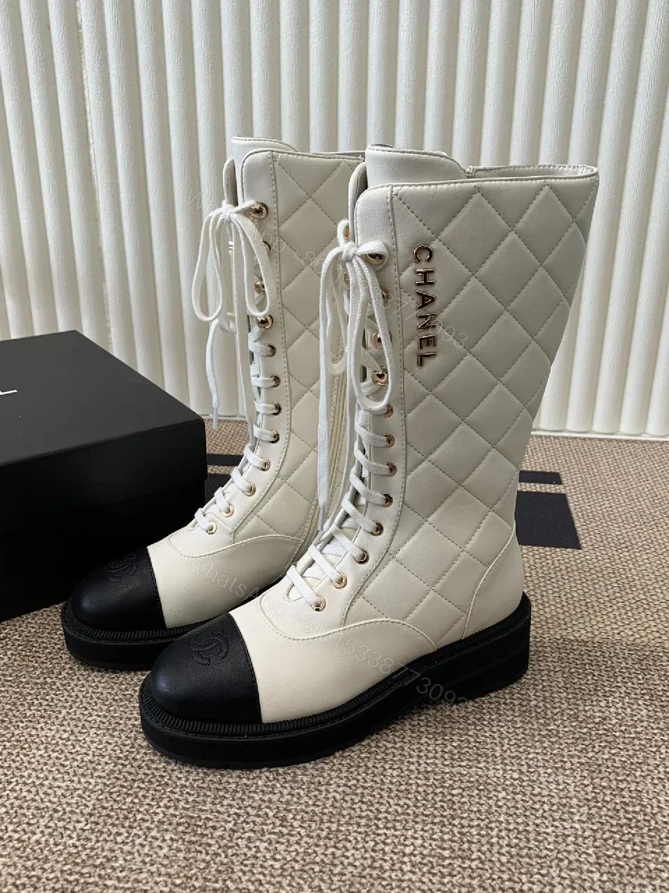 View 7 of Off-White & Black Leather Combat Boots with Luxe Lug Sole