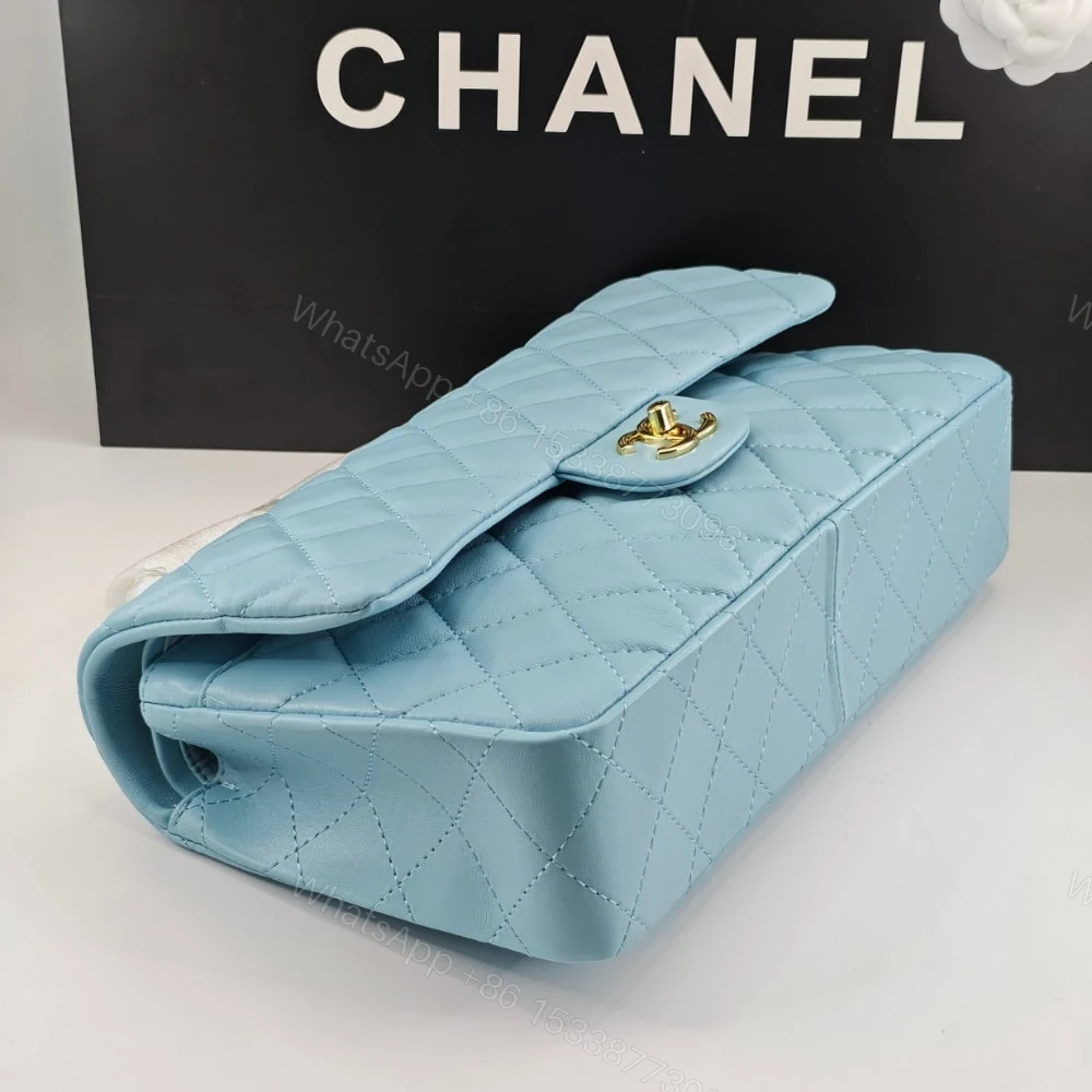 View 6 of Chanel Classic 11.12 Handbag Gold Tone Metal Light Blue 30Cm