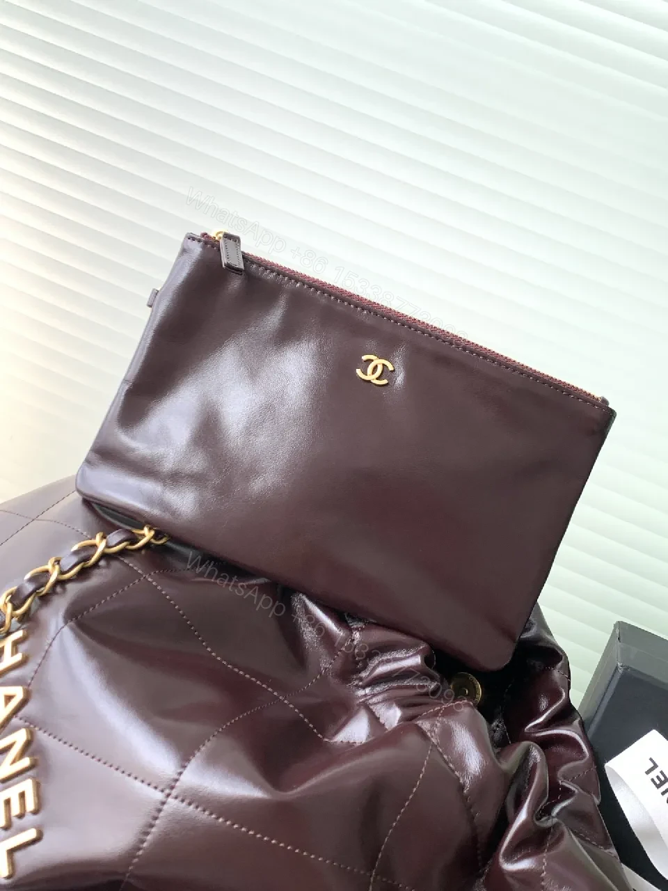 View 7 of Quilted Leather Tote with Gold Chain—Chic Lux Tote