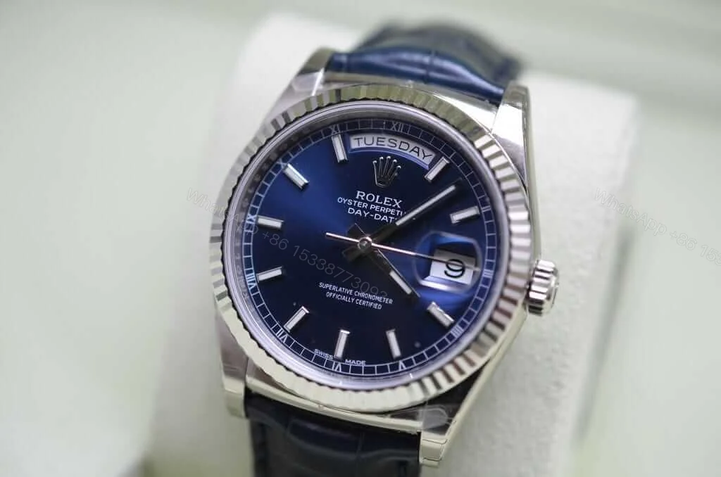 View 5 of Rolex Day-Date 118139-0004 V5 Stainless Steel Blue Dial Super Clone : 36mm White Gold-Tone President with Roman Numerals and Caliber 3155