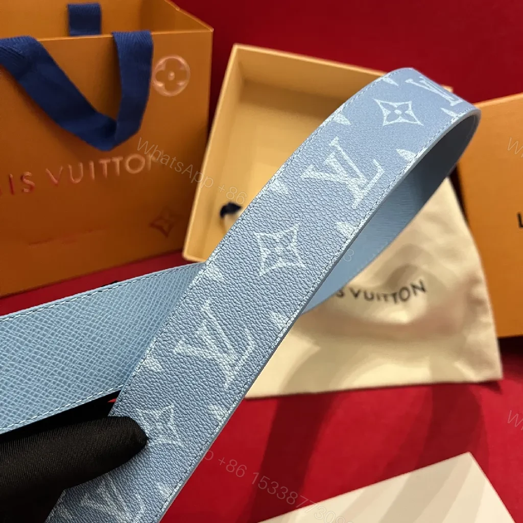 View 6 of Light-Blue Pebbled Leather Belt with Monogram Detail